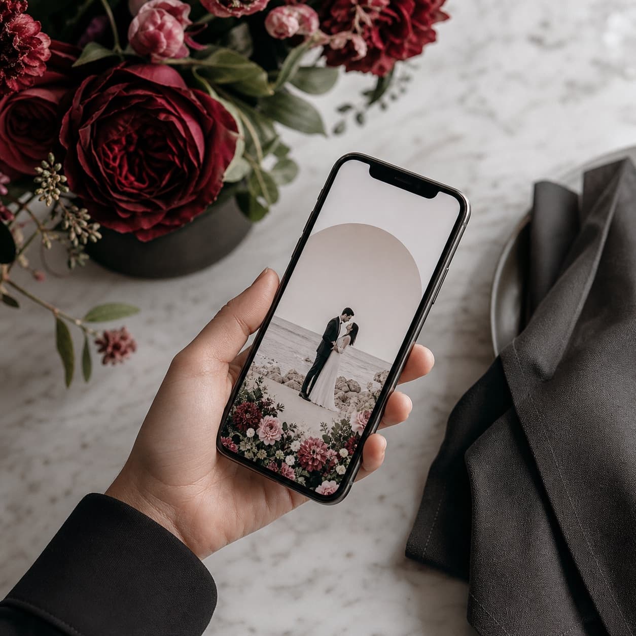 Telefonda açılmış modern bir dijital düğün davetiyesi