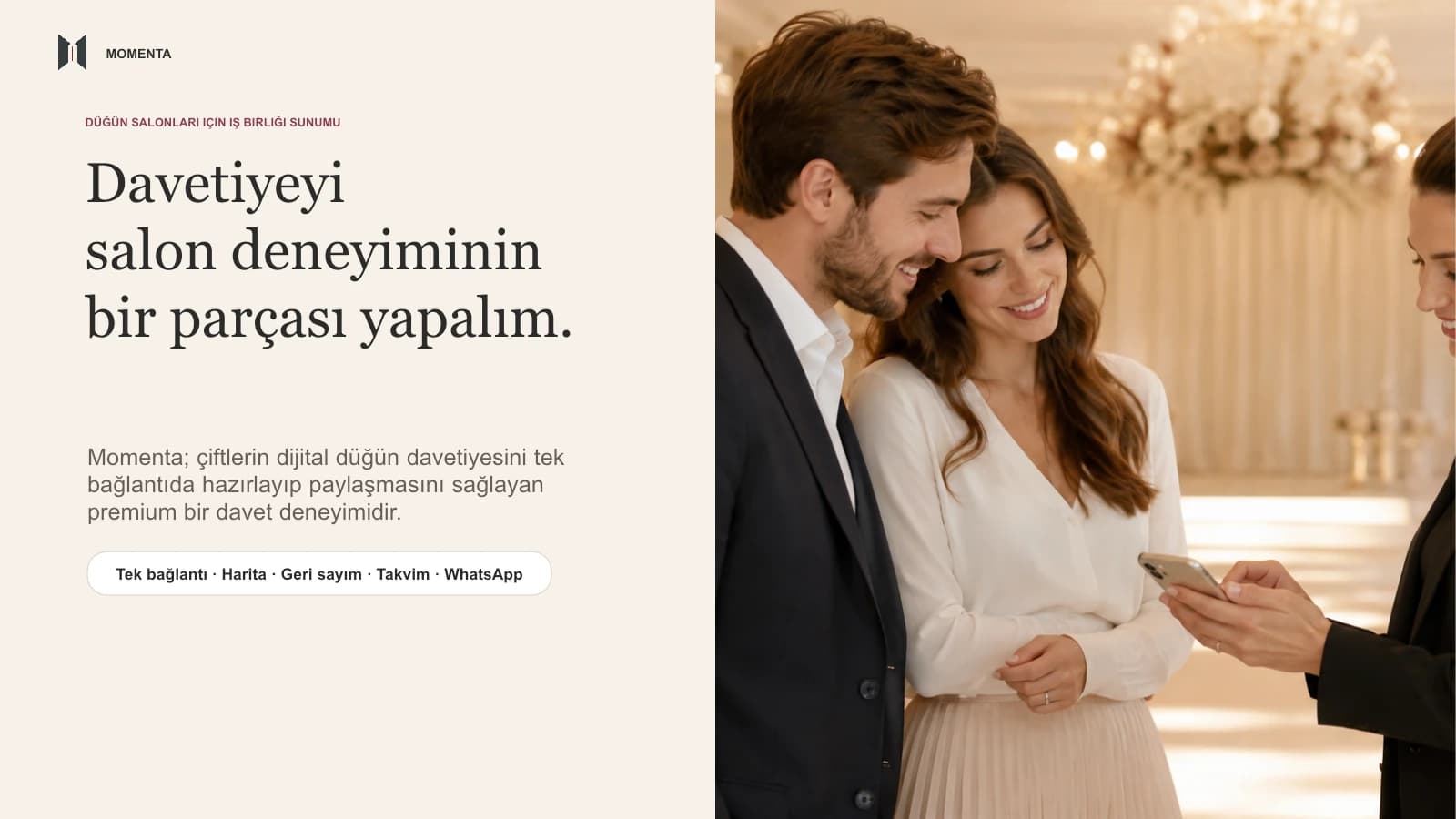Momenta düğün salonları iş birliği sunumu kapağı; davetiyeyi salon deneyiminin bir parçası yapma önerisi